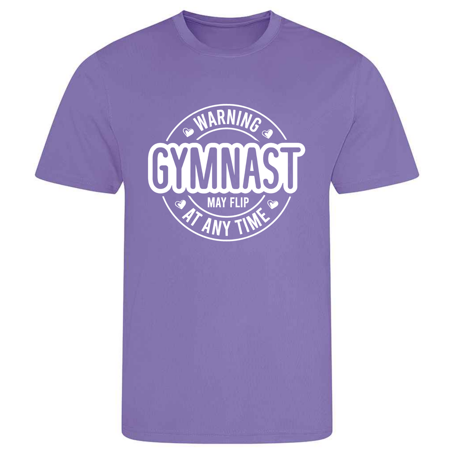 Perfect for gymnastics training, our "Warning Gymnast May Flip At Any Time" t-shirt is made of 100% polyester. Ideal for gymnasts, this tee is lightweight, breathable, and features moisture-wicking fabric. Great for gymnastics practice, tumbling, acrobatics, and more. Embrace your gymnast spirit with humor!