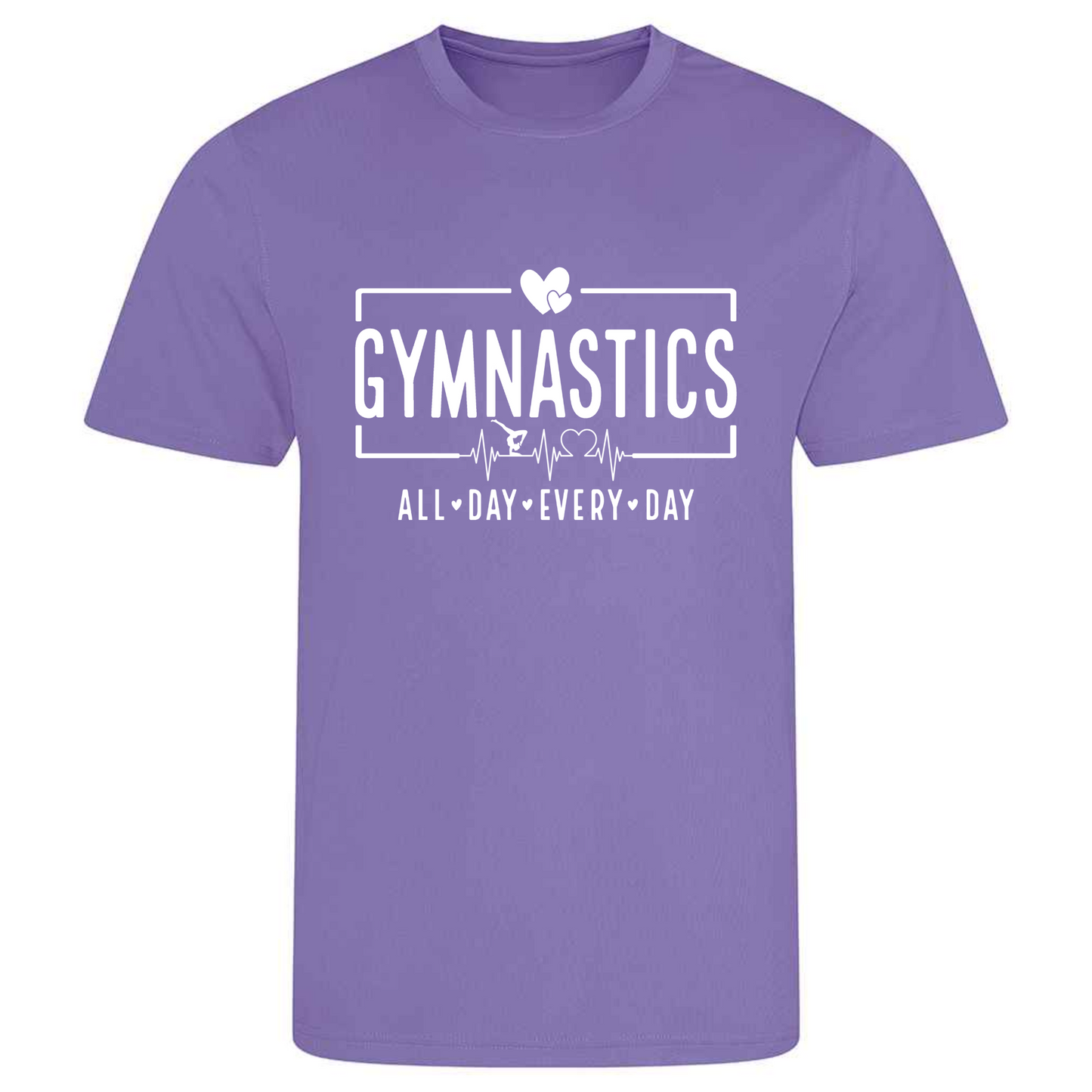 Perfect for gymnastics training, our "Gymnastics All Day Every Day" t-shirt is made of 100% polyester. Ideal for gymnasts, this tee is lightweight, breathable, and features moisture-wicking fabric. Great for gymnastics practice, tumbling, acrobatics, and more. Embrace your gymnast spirit daily!