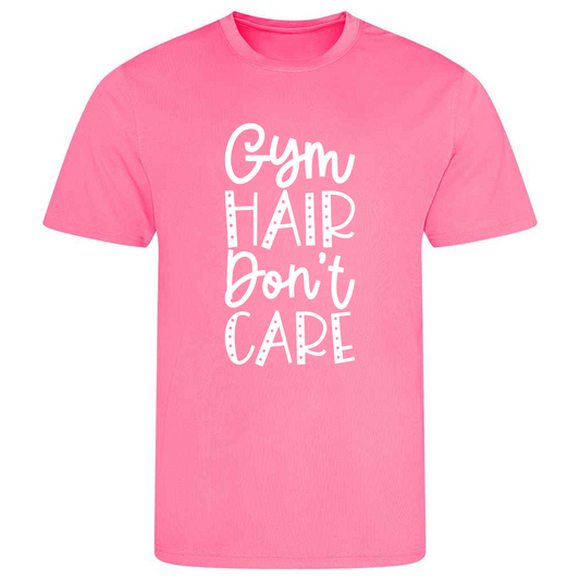 Ideal for gymnastics training, our "Gym Hair Don't Care" t-shirt is made of 100% polyester. Perfect for gymnasts, this tee is lightweight, breathable, and features moisture-wicking fabric. It's great for gymnastics practice, tumbling, acrobatics, and more. Embrace your gymnast spirit in style!