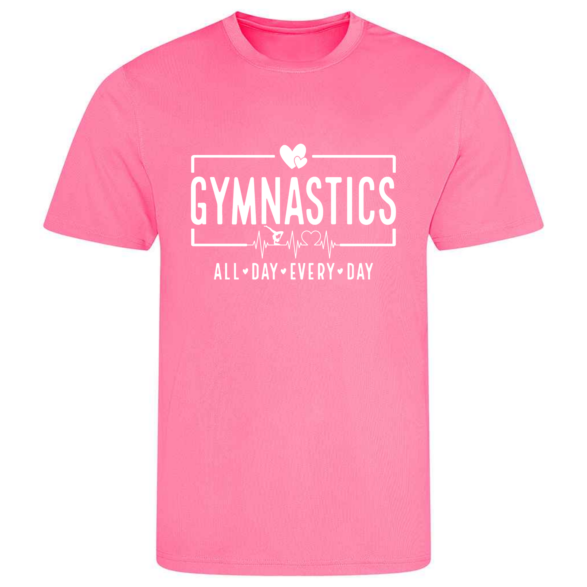 Perfect for gymnastics training, our "Gymnastics All Day Every Day" t-shirt is made of 100% polyester. Ideal for gymnasts, this tee is lightweight, breathable, and features moisture-wicking fabric. Great for gymnastics practice, tumbling, acrobatics, and more. Embrace your gymnast spirit daily!