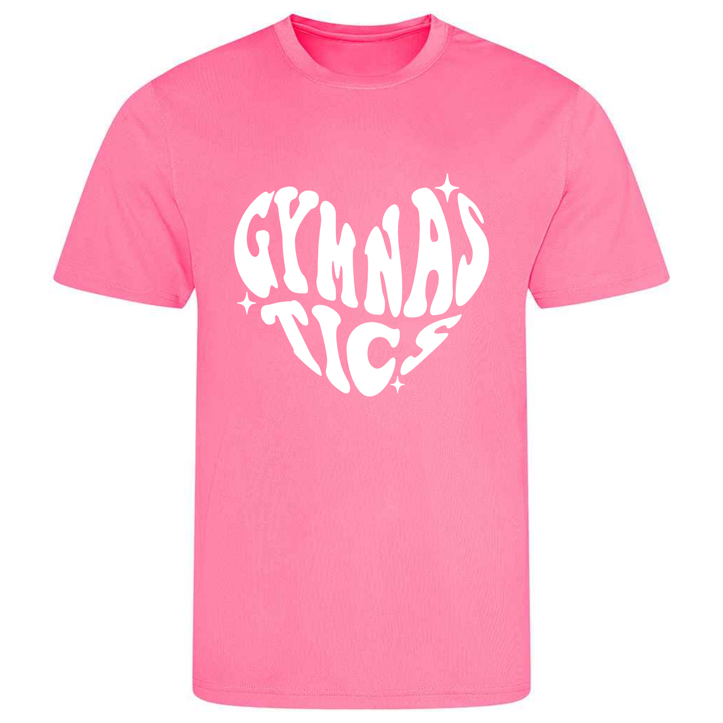 Perfect for gymnastics training, our "Gymnastics" in a love heart shape t-shirt is made of 100% polyester. Ideal for gymnasts, this tee is lightweight, breathable, and features moisture-wicking fabric. Great for gymnastics practice, tumbling, acrobatics, and more. Show your love for gymnastics in style!