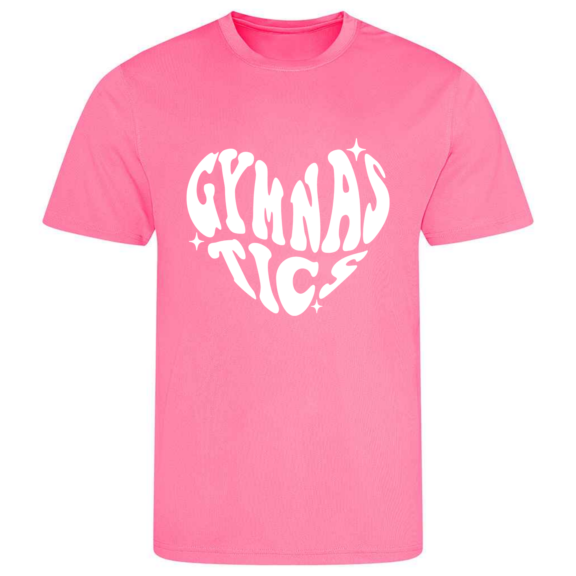 Perfect for gymnastics training, our "Gymnastics" in a love heart shape t-shirt is made of 100% polyester. Ideal for gymnasts, this tee is lightweight, breathable, and features moisture-wicking fabric. Great for gymnastics practice, tumbling, acrobatics, and more. Show your love for gymnastics in style!