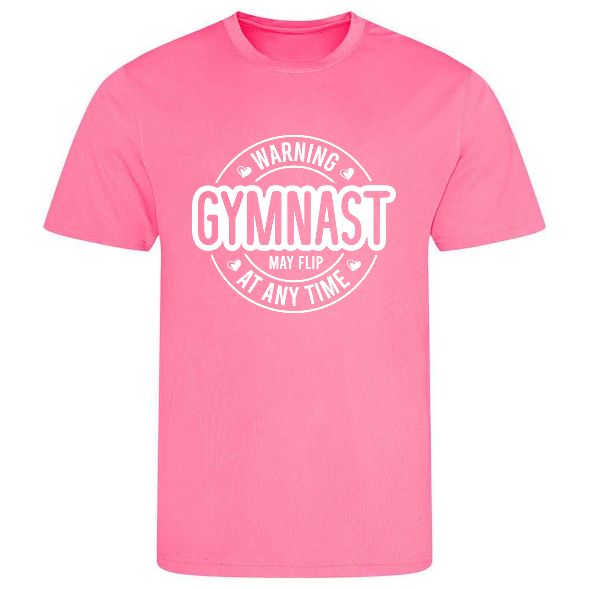 Perfect for gymnastics training, our "Warning Gymnast May Flip At Any Time" t-shirt is made of 100% polyester. Ideal for gymnasts, this tee is lightweight, breathable, and features moisture-wicking fabric. Great for gymnastics practice, tumbling, acrobatics, and more. Embrace your gymnast spirit with humor!