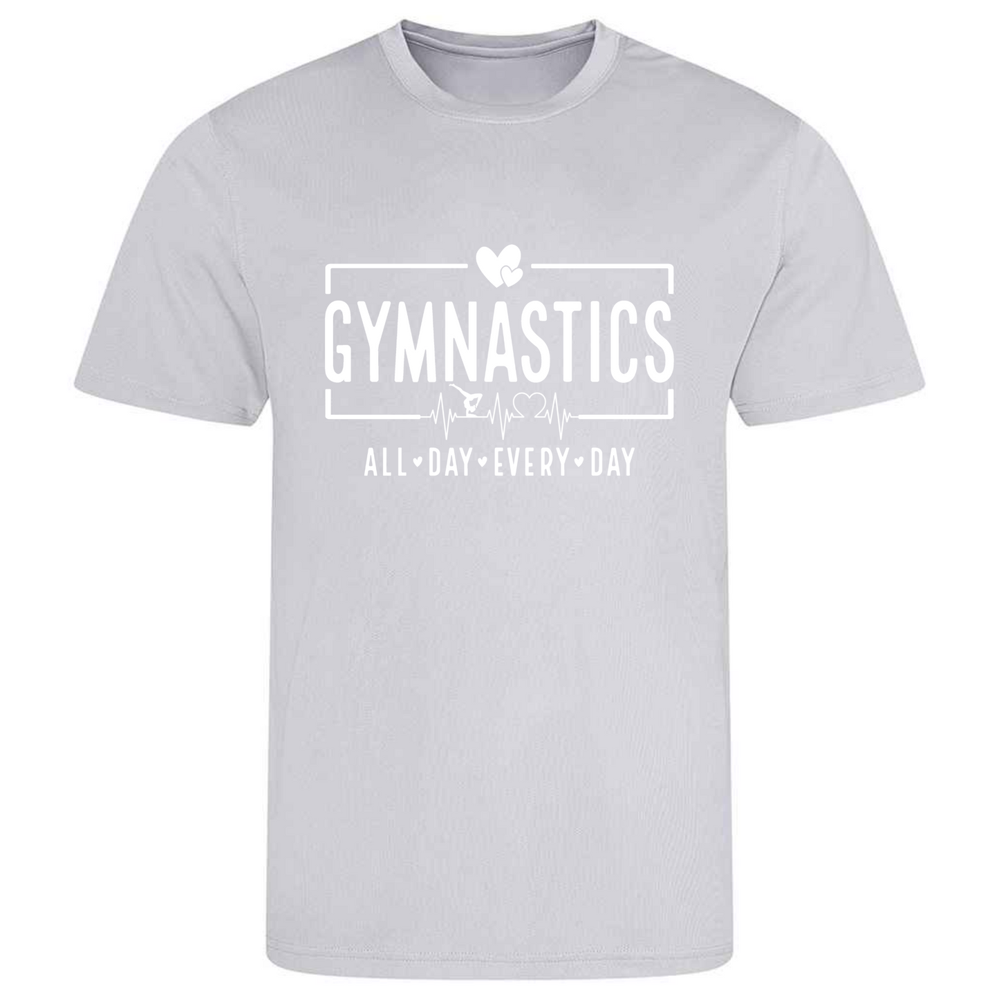 Perfect for gymnastics training, our "Gymnastics All Day Every Day" t-shirt is made of 100% polyester. Ideal for gymnasts, this tee is lightweight, breathable, and features moisture-wicking fabric. Great for gymnastics practice, tumbling, acrobatics, and more. Embrace your gymnast spirit daily!