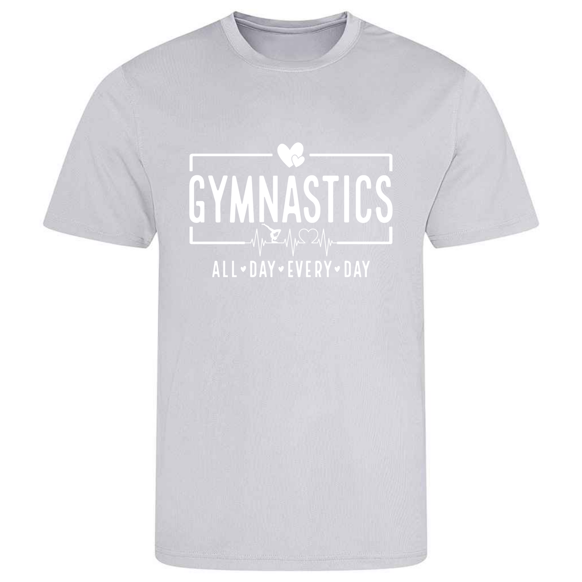 Perfect for gymnastics training, our "Gymnastics All Day Every Day" t-shirt is made of 100% polyester. Ideal for gymnasts, this tee is lightweight, breathable, and features moisture-wicking fabric. Great for gymnastics practice, tumbling, acrobatics, and more. Embrace your gymnast spirit daily!