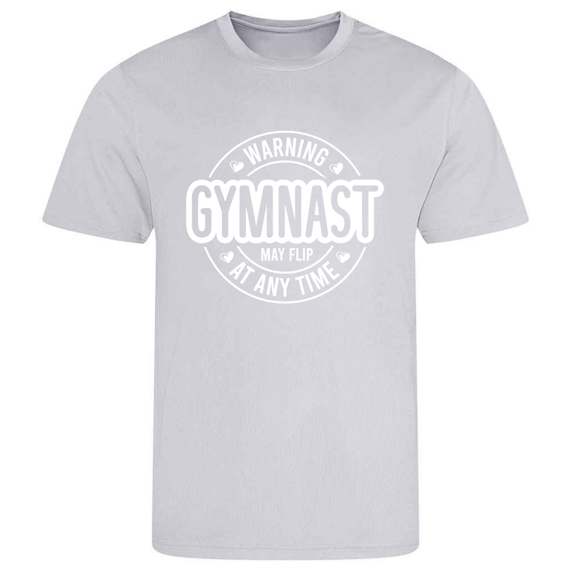 Perfect for gymnastics training, our "Warning Gymnast May Flip At Any Time" t-shirt is made of 100% polyester. Ideal for gymnasts, this tee is lightweight, breathable, and features moisture-wicking fabric. Great for gymnastics practice, tumbling, acrobatics, and more. Embrace your gymnast spirit with humor!