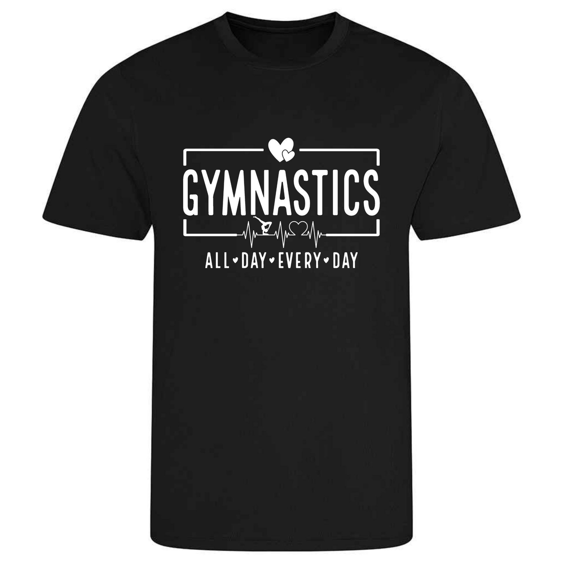 Perfect for gymnastics training, our "Gymnastics All Day Every Day" t-shirt is made of 100% polyester. Ideal for gymnasts, this tee is lightweight, breathable, and features moisture-wicking fabric. Great for gymnastics practice, tumbling, acrobatics, and more. Embrace your gymnast spirit daily!