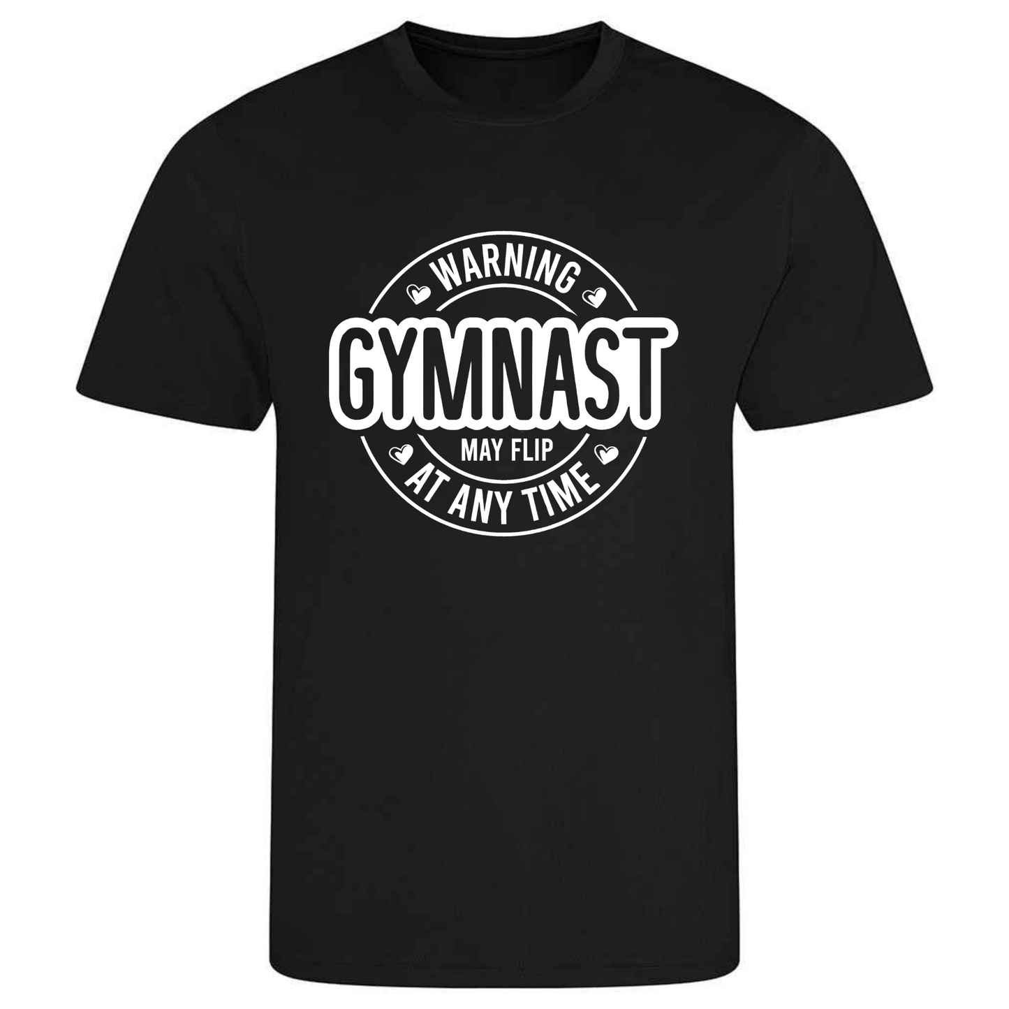 Perfect for gymnastics training, our "Warning Gymnast May Flip At Any Time" t-shirt is made of 100% polyester. Ideal for gymnasts, this tee is lightweight, breathable, and features moisture-wicking fabric. Great for gymnastics practice, tumbling, acrobatics, and more. Embrace your gymnast spirit with humor!