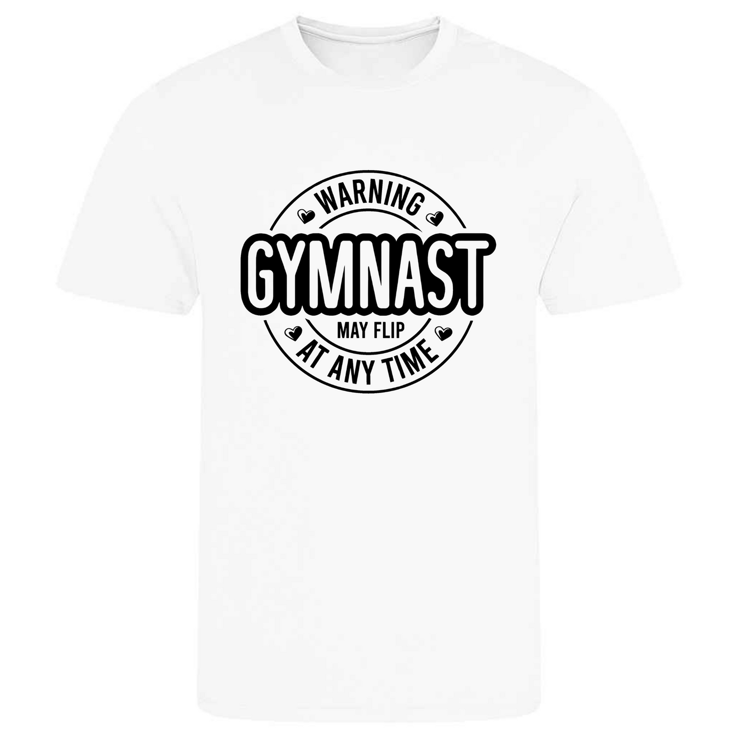 Perfect for gymnastics training, our "Warning Gymnast May Flip At Any Time" t-shirt is made of 100% polyester. Ideal for gymnasts, this tee is lightweight, breathable, and features moisture-wicking fabric. Great for gymnastics practice, tumbling, acrobatics, and more. Embrace your gymnast spirit with humor!