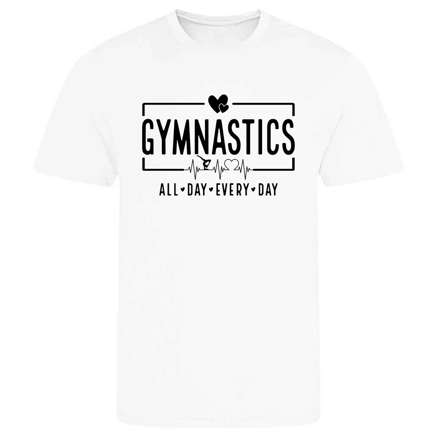 Perfect for gymnastics training, our "Gymnastics All Day Every Day" t-shirt is made of 100% polyester. Ideal for gymnasts, this tee is lightweight, breathable, and features moisture-wicking fabric. Great for gymnastics practice, tumbling, acrobatics, and more. Embrace your gymnast spirit daily!