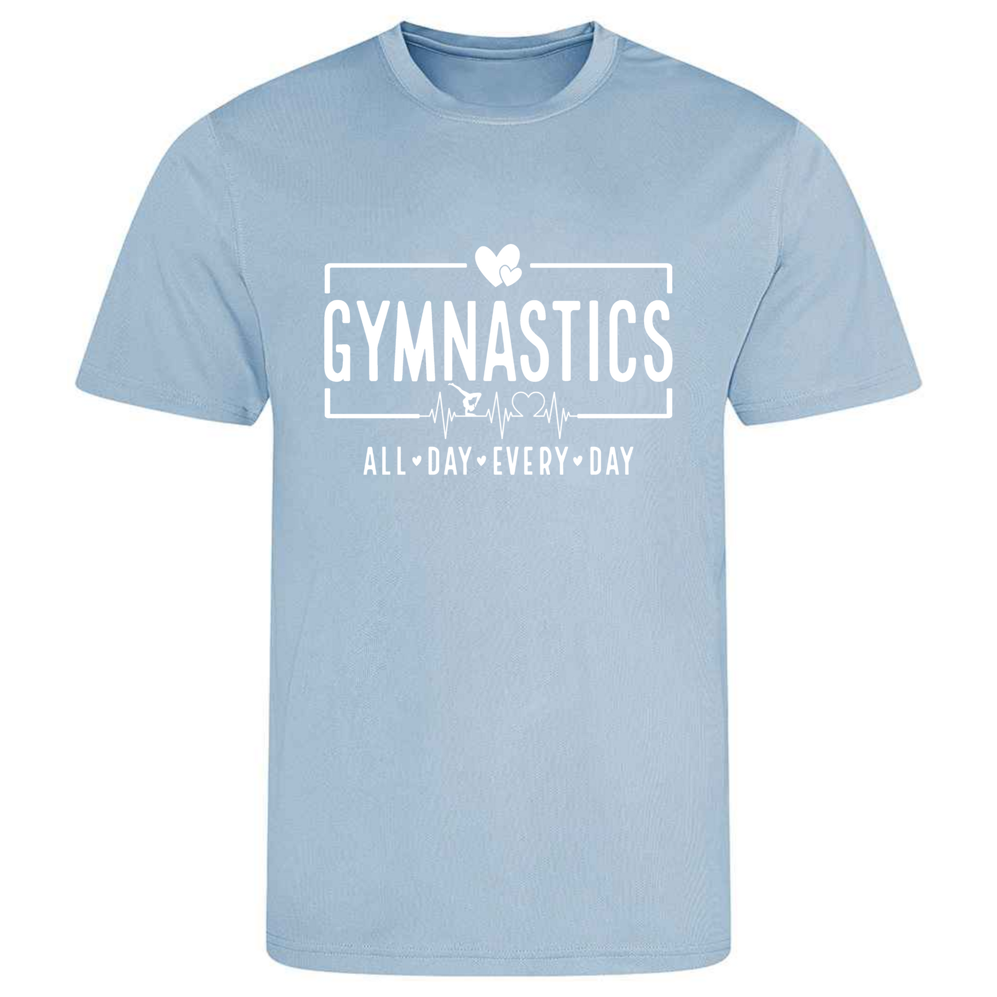 Perfect for gymnastics training, our "Gymnastics All Day Every Day" t-shirt is made of 100% polyester. Ideal for gymnasts, this tee is lightweight, breathable, and features moisture-wicking fabric. Great for gymnastics practice, tumbling, acrobatics, and more. Embrace your gymnast spirit daily!